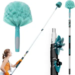 20 Feet High Reach Cobweb Duster with 5-12Ft Extension Pole, 3-Stage Telescopic Aluminum Pole Spider Web Brush for Indoor & Outdoor Cleaning with Soft Bristles