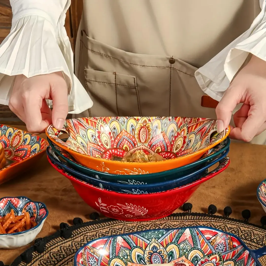 Ceramic Bowl Set, 4-Piece Boho-Style Colorful Bowls for Salad, Soup and Dessert, Tableware Set for Home Kitchen & Dining Room, Ceramic Pasta Bowls, Serving Bowls, Fruit Salad Bowls, Cereal Bowls Set