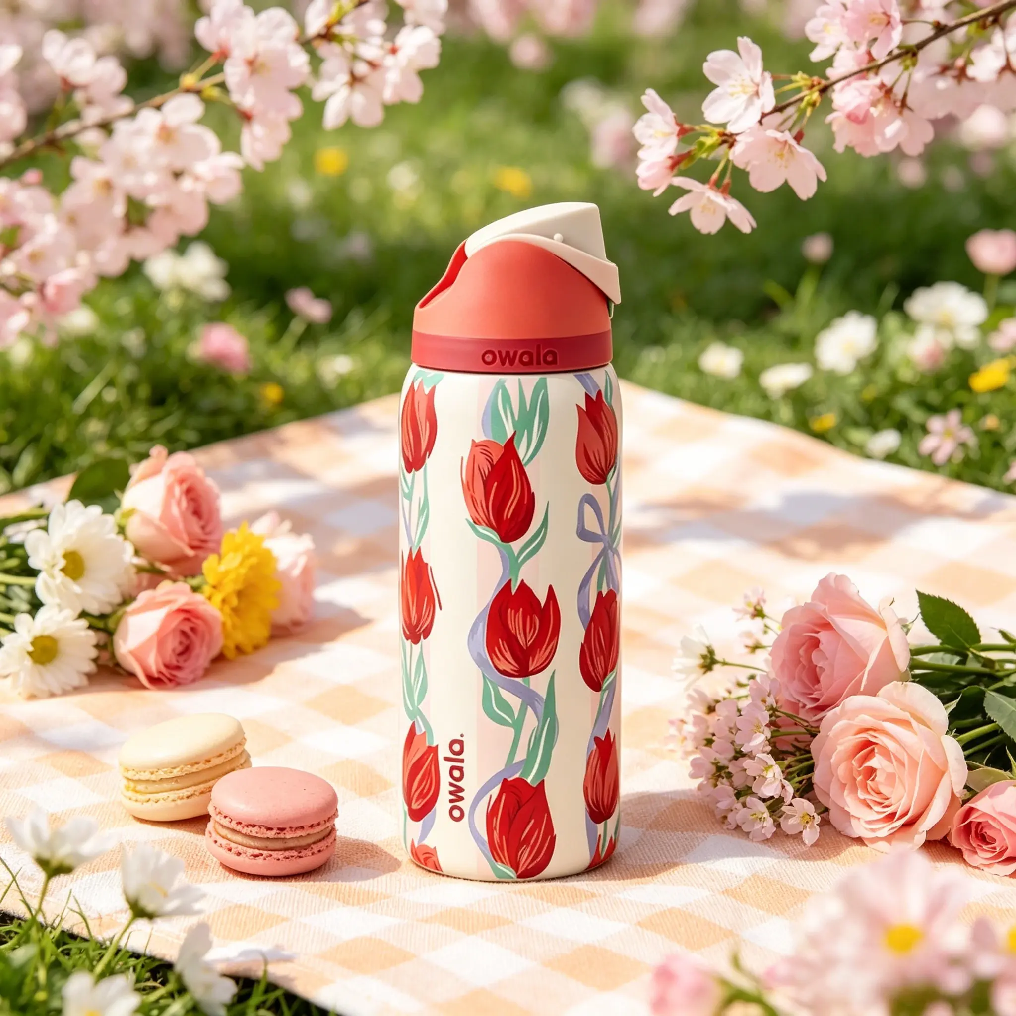 Owala 32oz Red Tulip Print Candy Coated Vacuum Insulated Tumbler - Water Bottle, Flask, Insulated Cup for Spring Outings & Daily Use, Portable Reusable Eco-Friendly Kitchen Drinkware