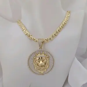 Gold Plated Lion 433 Head Pendant Necklace with 712 Chain for Men Women Fashion Jewelry
