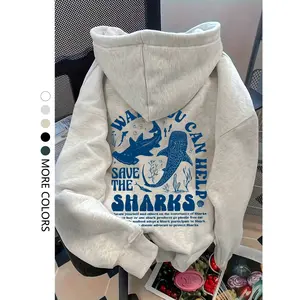 Women's Casual Hooded Sweatshirt, Shark Print Drop Shoulder Pullover, Loose Fit Drawstring Pocket Design, Fall & Winter Fashion, Funny Sweatshirt