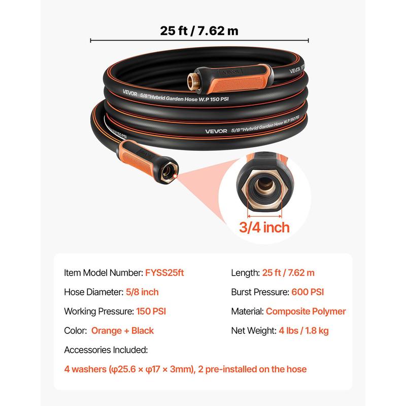 VEVOR Garden Hose, 25 ft 5/8" Heavy Duty 4-Layer Rubber Water Hose, 150PSI Working & 600PSI Burst, Flexible & Non-kink Outdoor Waterhose with 3/4" Fitting, Lightweight Hoses for Gardening Cleaning