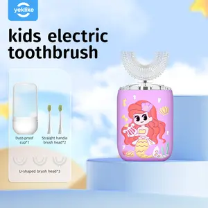 Kids Electric Toothbrush U-Shaped Ultrasonic,6 Brush Heads Five Cleaning Modes IPX7 Waterproof Design Mermaid Rechargeable Smart Timer for Children-Kids Travel Essentials#dealsforyoudays