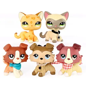5PCS LPS Pet Figures Set - Leopard Cat, Siamese Cat & Collie Dogs with Accessories, Cute Bobble Head Mini Animal Collectible Toys with Star Collar, Scarves & Beaded Necklace, Gift for Kids & LPS Collectors
