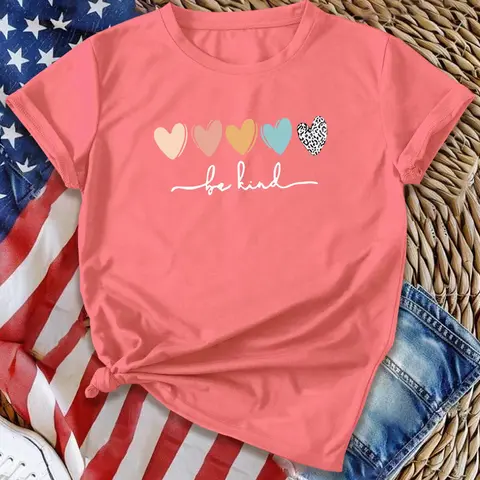 Women's Heart, Leopard, Letter & Graphic Print Round Neck Fitted Knit Tee, Casual Crew Neck Short Sleeve T-shirt, Ladies Clothes for Daily Wear Casual Stylish Tee Fabric Summer