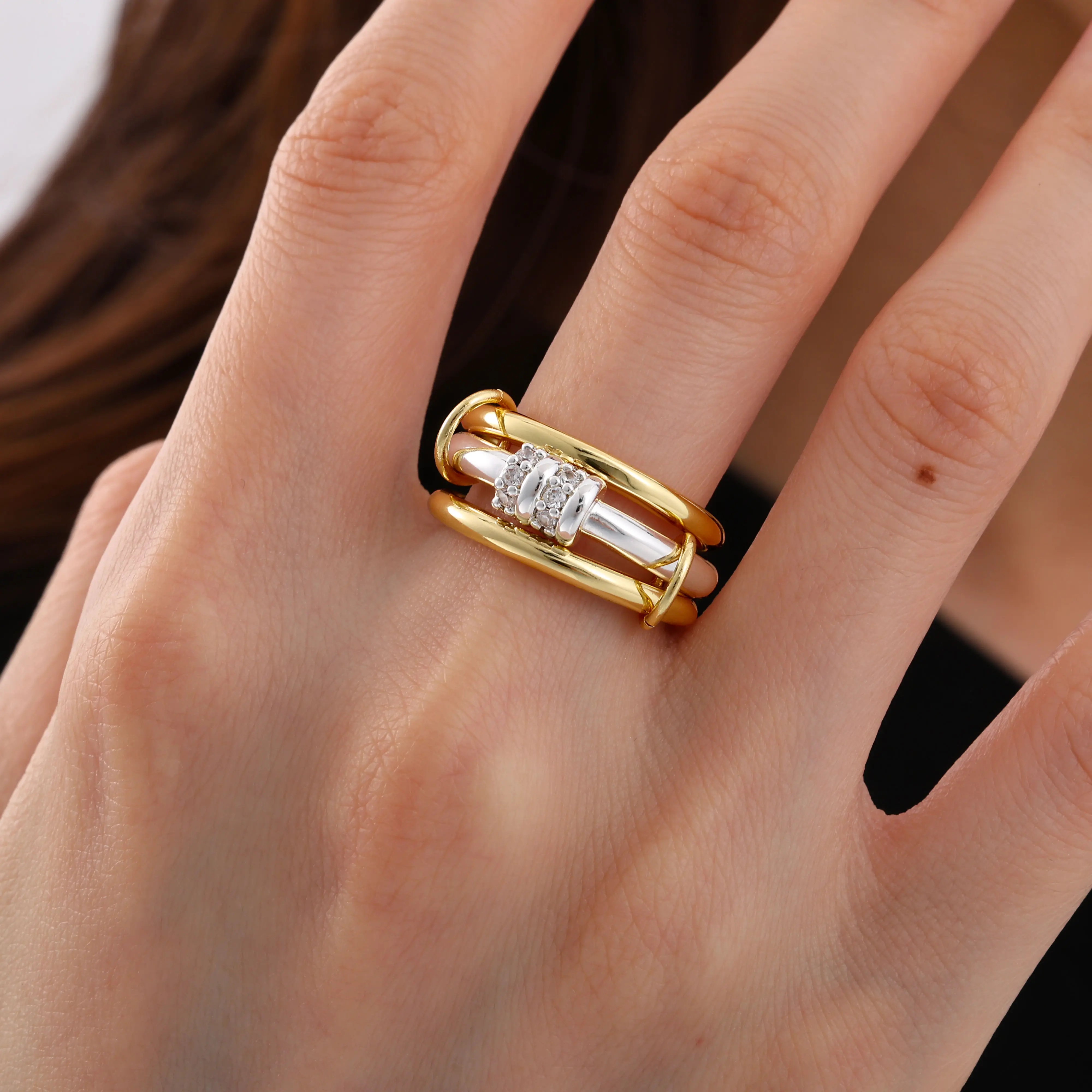 Tewiky Greenish Spring Jewelry Gold Interlocked Stackable Rings for Women - Statement Multi Ring Mixed Metals Stack - Cubic Zirconia Two-Toned Stacking Jewelry,Valentine's Day Gift