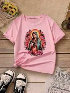 Young Girl Round Neck T-Shirt Virgin Mary Print Casual Children's Clothing, For Christmas Graphic Tee