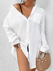 Plus Size Solid Button Front Pocket Drop Shoulder Swim Top, Casual Long Sleeve Collared Cover Up for Summer, Women's Swimwear for Beach Holiday