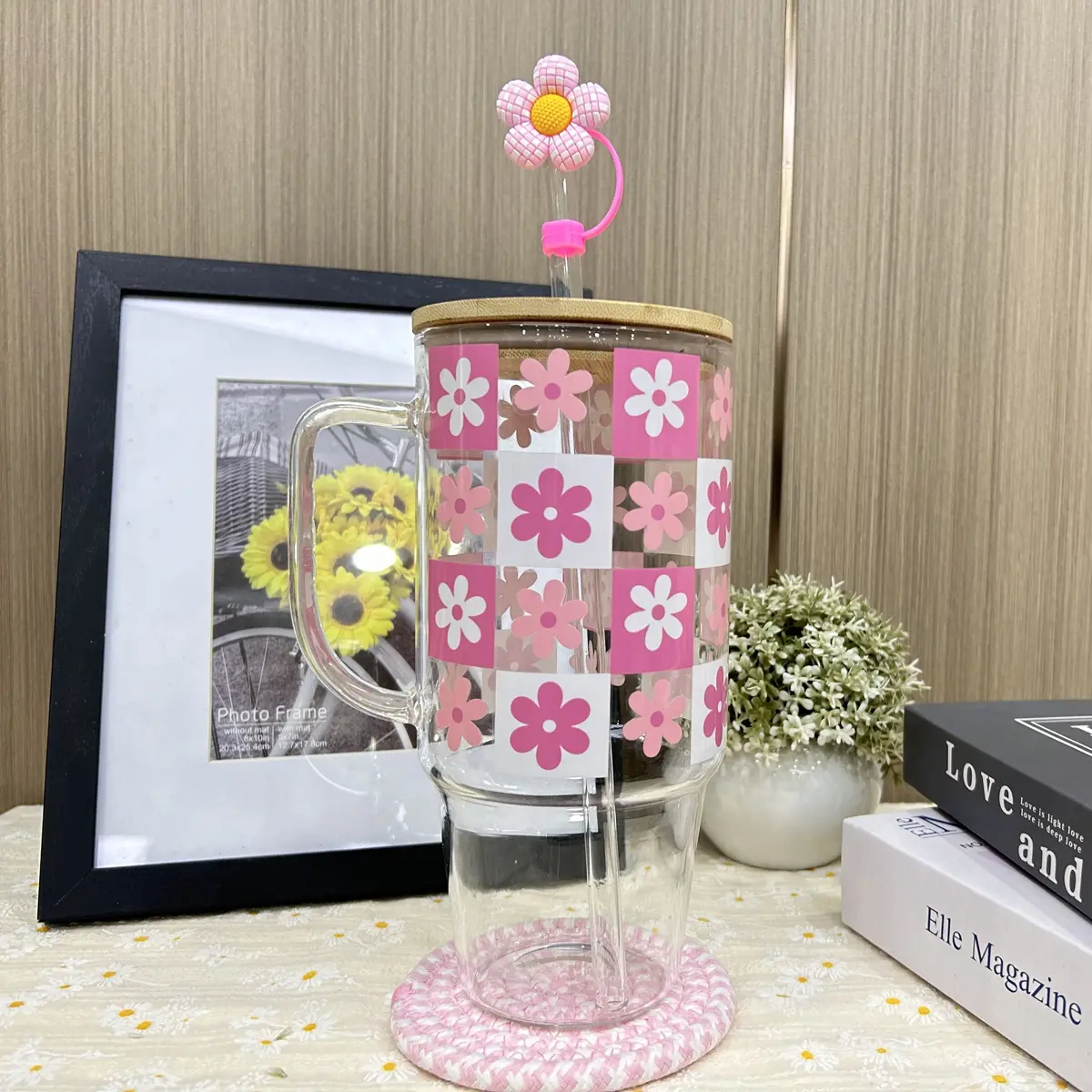 Trick or Treat Drinkware - Pink Floral Water Bottle with Handle 40 Oz Glass Cup Set for Coffee Beer Reusable Drinkware Tumblers Halloween Gift Portable Washable Mug