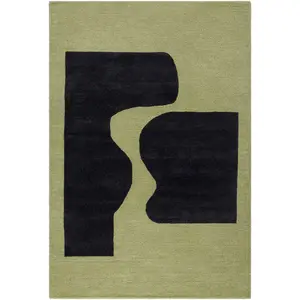 Arvok Olive Green Organic Block Art Deco Wool Handmade Area Rug - Clearance