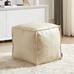 Handmade unstuffed genuine leather ottoman cover, square ottoman-15.7-inch wide genuine leather ottoman,off-white,bohemian style,with storage function,can store old clothes,plush toys,bedding, etc.,multi-purpose sofa ottoman,perfect for living room decor.