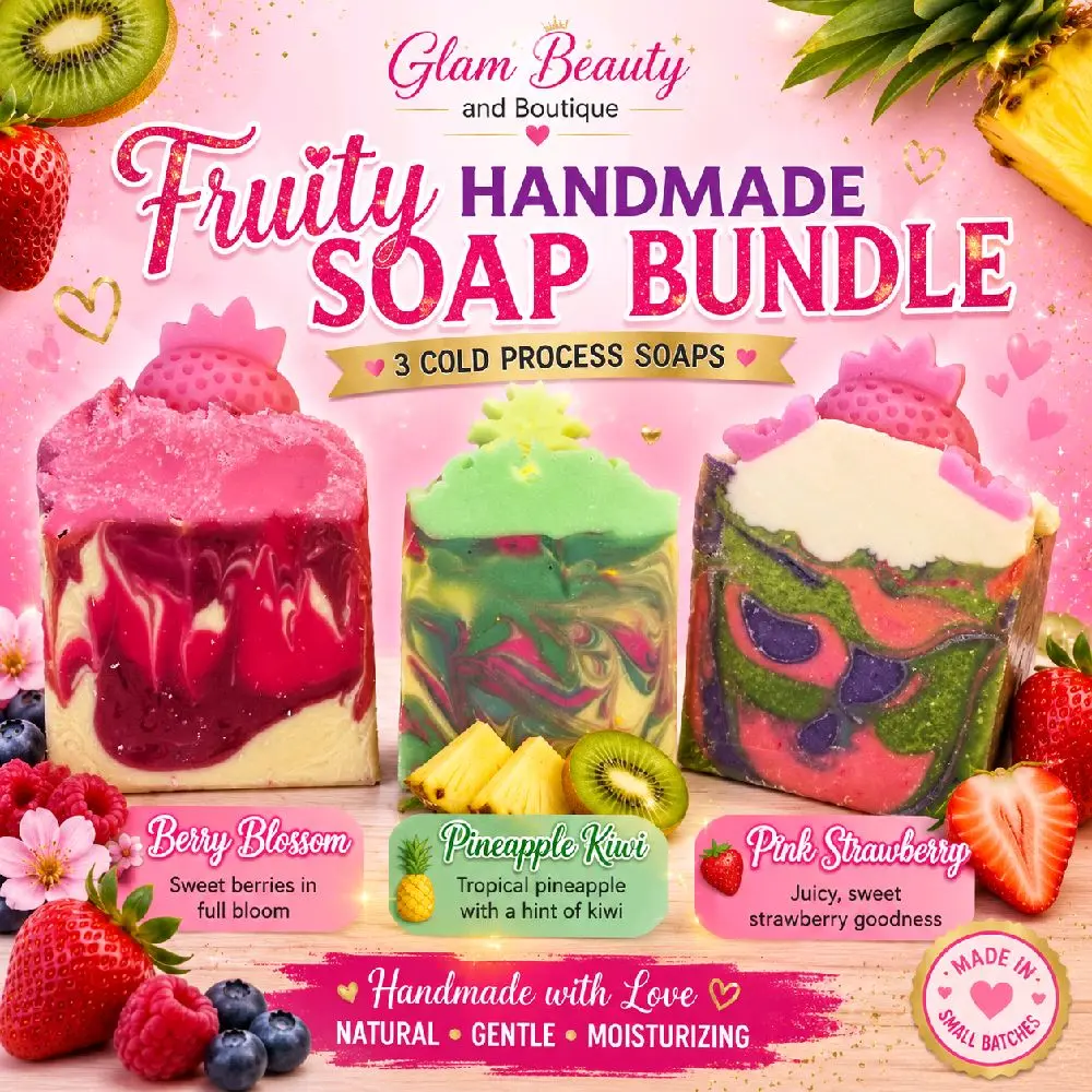 Fruity Soap Bundle. Organic Cold Process Swirl Soaps with Frosting (Pink Strawberry, Berry Blossom & Pineapple Kiwi). Handmade All Natural Shea Butter Soap Bar.