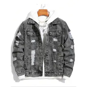 Men’s distressed ripped long-sleeve denim jacket, regular fit, street fashion casual, comfortable button-front multi-pocket collared outerwear for daily wear; menswear for all seasons