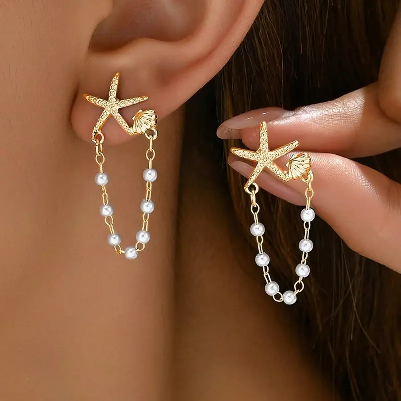 Bohemian Sweet Fresh Women's Earrings, Unique Star Shell Pearl Design Studs, High-End Versatile Jewelry, Perfect for Any Occasion, Pearl Drop Earrings, Pearls Earrings