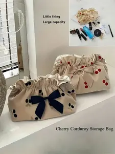 One piece Women's Soft Cherry Print Makeup Bag, Large Capacity Travel Storage Pouch, Ladies Cosmetic Organizer for All Seasons