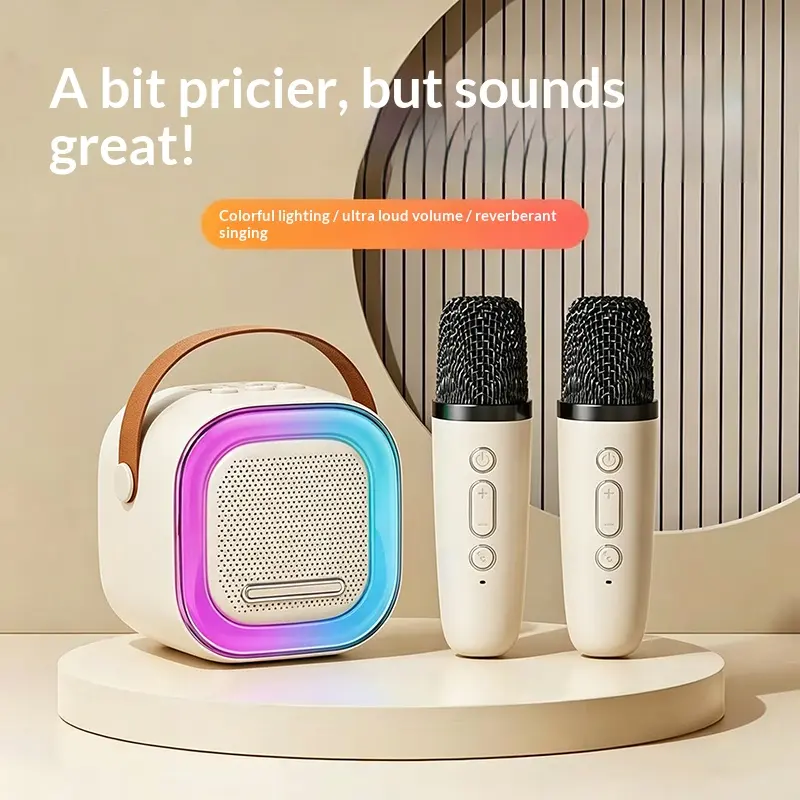 K-MYZS Portable Karaoke System, Mini Wireless Bluetooth BT Speaker with 2 Microphones, LED Nightlight for Party Use (Pink)