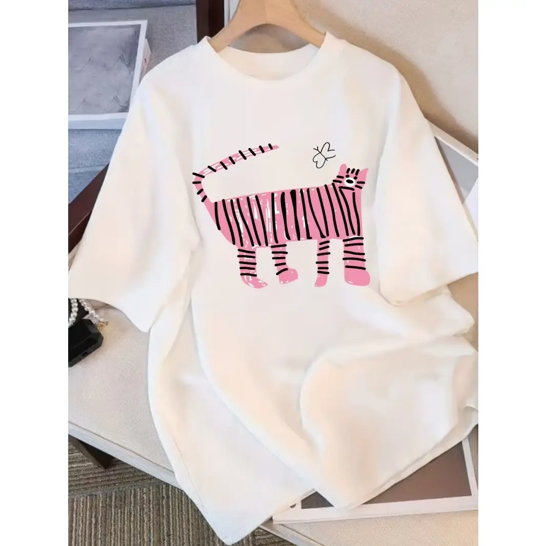 Women's Fitted Cotton Short-Sleeve Graphic Tee - Cute Pink Zebra Print Crewneck, Soft Breathable, Casual Summer Top for Everyday Street Style, Travel