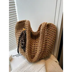 Women's Solid Color Straw Bag, Fashionable Large Capacity Shoulder Bag for Daily Used, Casual Trendy Versatile High-quality Daily Commuting Bag