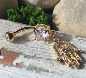 14kt Gold Plated Hamsa Belly Ring CZ Gem Paved Dangle Navel Piercing Naval