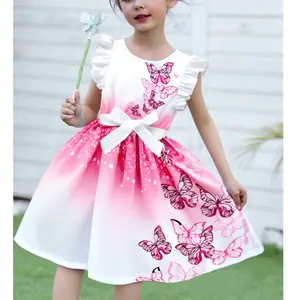 Girls' Fashionable Round Ruffle Sleeve Butterfly Print Gradient Princess Dress, Suitable Holidays, Vacations, and Beach Wear