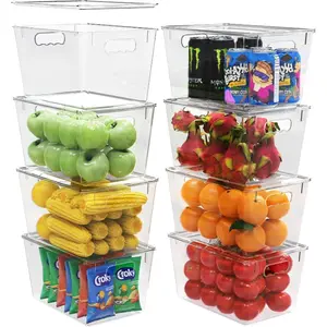 8 pcs set Large Clear Cabinet Storage Bins with Lids Stackable Transparent Pantry Storage with Handles Freezer Plastic Containers 11 L x 7.5 W x 6.1 H
