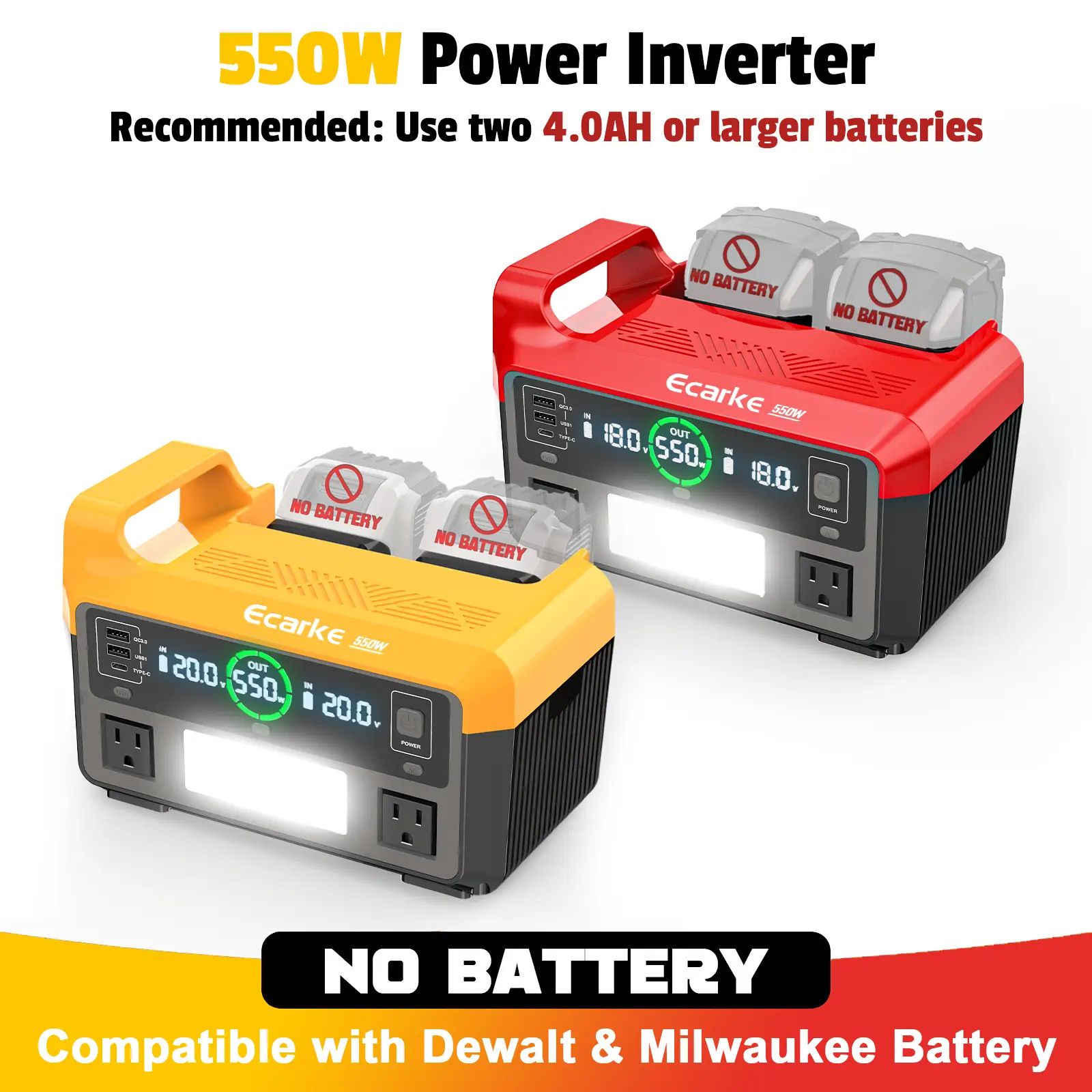 550W Power Inverter Compatible with Dewalt 20V Battery,【Battery NOT Included】, Power Station DC 18V to AC 110V Pure Sine Wave, Battery Power Adapter 2 USB-A & 1 Type-C & 2 AC Outlet, Generator Phone Charger LED Light Camping Emergency