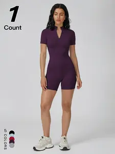 Women's Zipper Mock Neck Shapewear Bodysuit, High Stretch Slim Fit Compression Shirt, Casual Sporty Underwear for Women