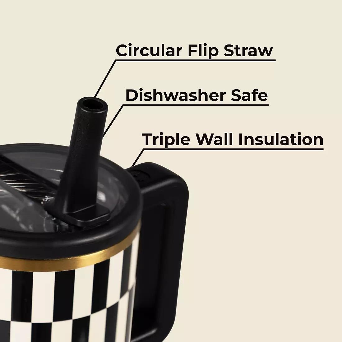HydroJug40oz Traveler Stainless Steel Tumbler (Black Tie Edition) Aesthetic Black & White Checkerboard Grid Travel Mug  24H Cold Retention Leakproof Insulated Cup with Handle and Straw for Travel & Fitness