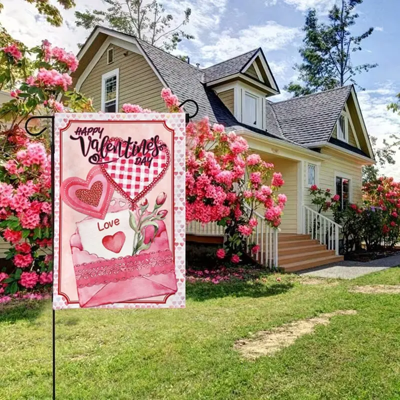 Valentine's Day Garden Flag, Love Flower+Envelope Pattern, 12 × 18 inches, made of polyester material, suitable for outdoor, garden, courtyard decoration, holiday decoration props, double-sided printing courtyard garden flag