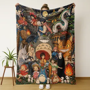 Studio Ghibli All-Characters Blanket, Vintage Watercolor Print, Starry Night Background, Soft & Cozy, Ideal for Miyazaki Fans