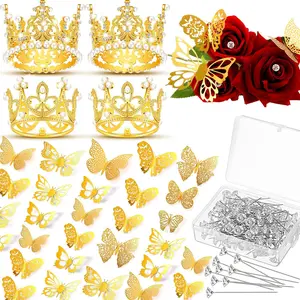 200 Pcs Flower Bouquet Accessories 100 Corsage Bouquet Pins 96 3D Butterfly Wall Decor Bulk and 4 Crown Cake Topper Pearl Pins Floral Arrangement for Festival Wedding Birthday Party (Gold)
