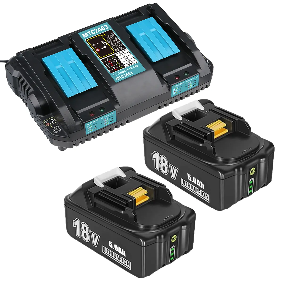 2Pack 5.0Ah Longer Run Lithium Rechargeable Cordless Tool Batteries & Rapid Dual-Port Charger, Compatible with Makita 18V BL Series (BL1815, BL1830, BL1840, BL1850, BL1860) with LED Power Glance