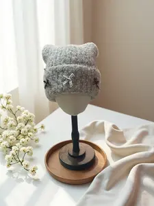 Cute Cat Ear Knitted Hat for Women, Winter Warm Butterfly Knot Design, Trendy Cozy Headwear, Perfect Gift Idea for Her