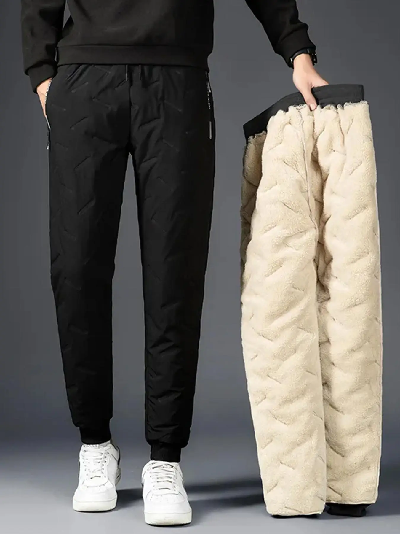 Men's Letter Graphic Drawstring Warm Pants, Fashion Plain Zipper Thermal Lined Trousers, Casual Men Bottoms, Cozy Winter Outfits, Please Purchase A Si