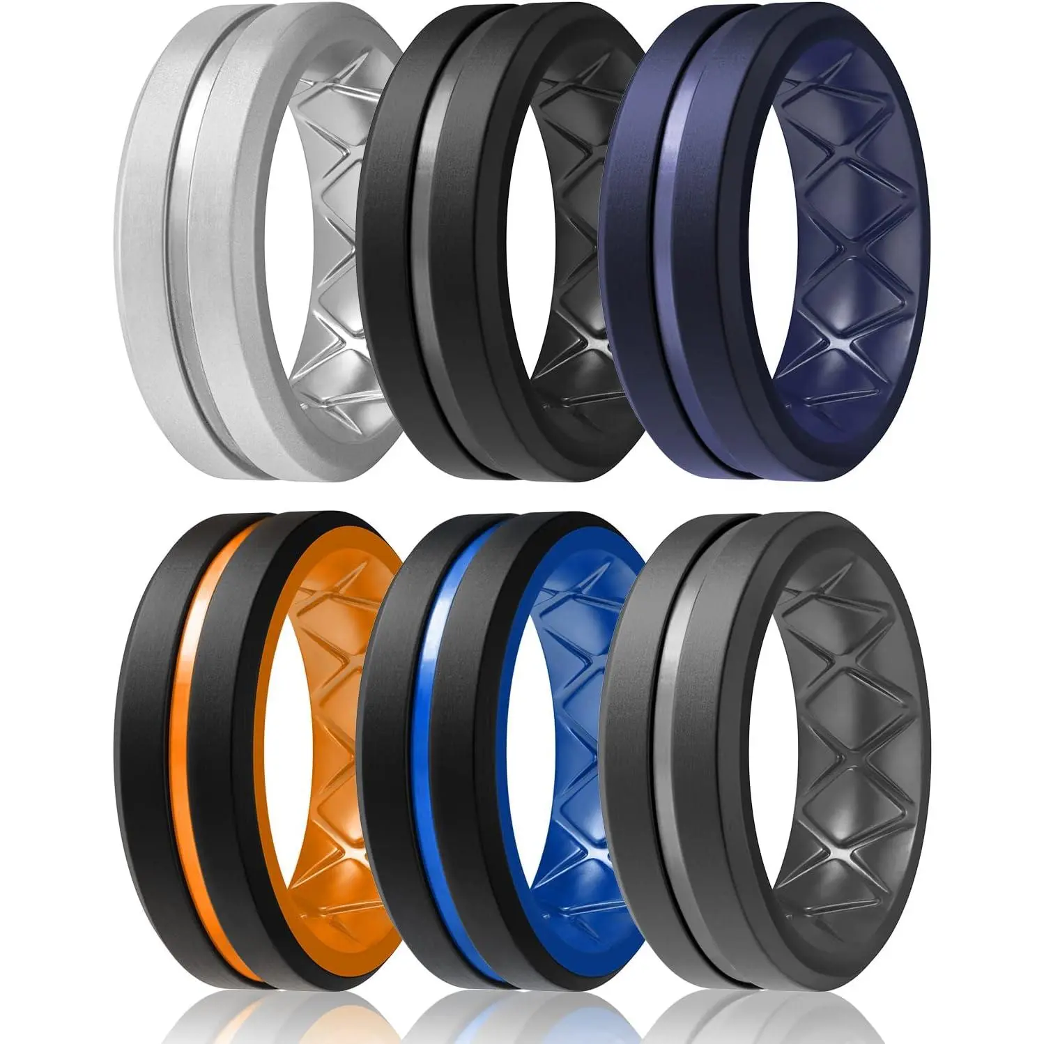 Men's Silicone Wedding Rings, Breathable 8mm Bands for Sports, Active Wear & Engagement - 2mm Thick, 1, 4, or 6 Pack Options, No