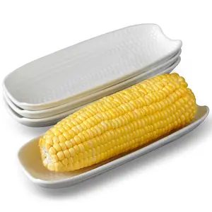 Cinf Ceramic Corn Cob Holders 8.8" Corn Dishes Set of 4 White Dishes Non-slip Bottom Microwave Dishwasher Oven Safe