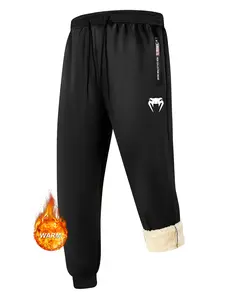 Men's Snake Print Plush Lined Sweatpants, Winter Thermal Warm Fleece Joggers Pants with 2 Zipper Side Pockets, Outdoor Casual Sports Trousers with Drawstring Elastic Waist