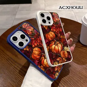 Stained Glass Pumpkins and Fall Leaves Chic Magnetic Case for  iPhone 17 16 E Pro Max 15 Plus 14 13 12 11 XS XR Magnetic Charging, Lightweight, Anti-Fall | Soft & Sweet Design