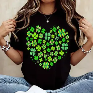 Heart Shaped Clover Pattern Crew Neck T Shirt for Casual Wear and St Patrick's Day Festivities