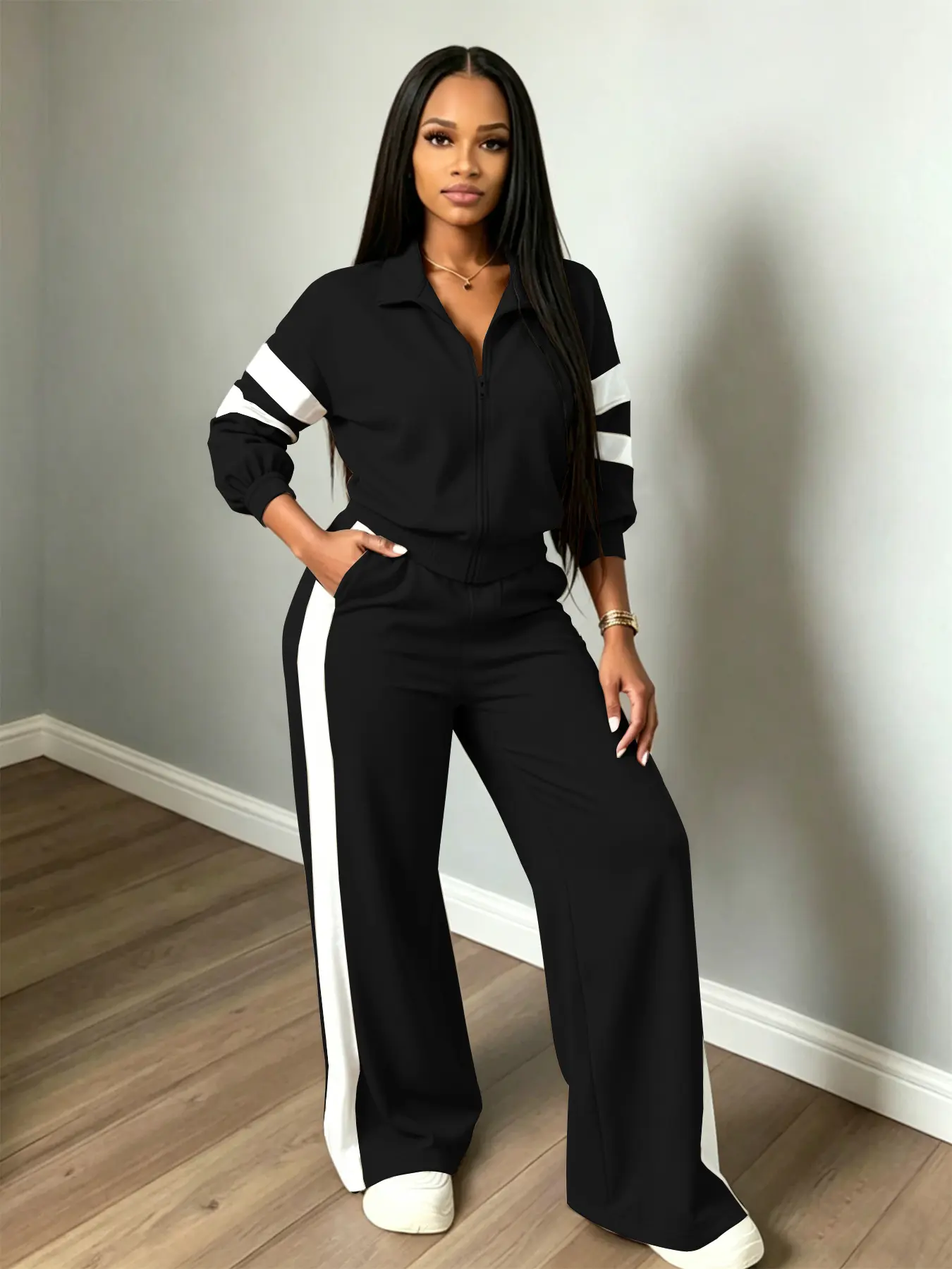 USBOUTIQUE CHIC Women's 2026 Fall Oversized Two Piece Set Zip-Up Top & Wide Leg Pants Lounge Outfit