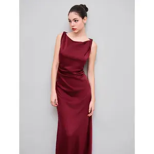 Cider Satin Boat Neck Ruched Maxi Dress