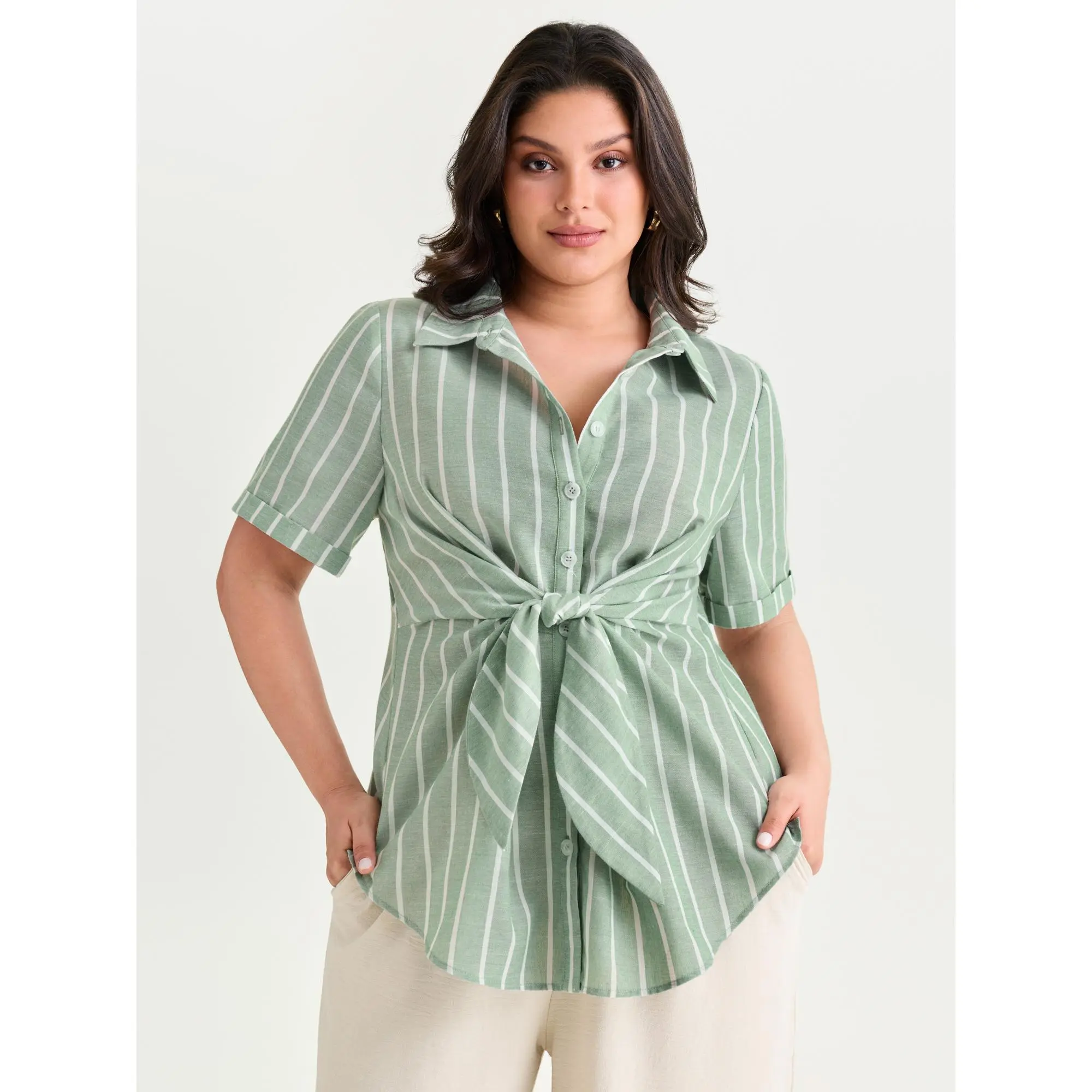 BloomChic Plus Size Striped Blouse with Ruffled Short Sleeve, Smooth Cotton Blend for Office Wear, Modest Fashion & OOTD Ideas, Shortsleeve, Office Ootd