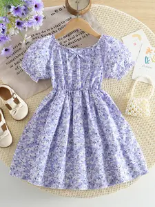 Young Girls Summer Elegant Dress, Floral Print Bubble Sleeves, Bow Tie Neckline, Casual Fashion Cute Style, Perfect for Parties Outdoor Wear