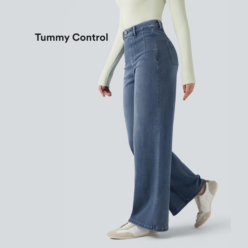 Flex High Waisted Tummy Control Wide Leg Casual Jeans with Pockets
