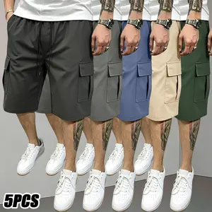 Set of 5 fashionable men’s summer shorts: loose-fit casual athletic shorts with multiple pockets, suitable for outdoor sports; comfortable and versatile cargo shorts with a drawstring waist and multi-pocket design; lightweight for summer, ideal for everyd
