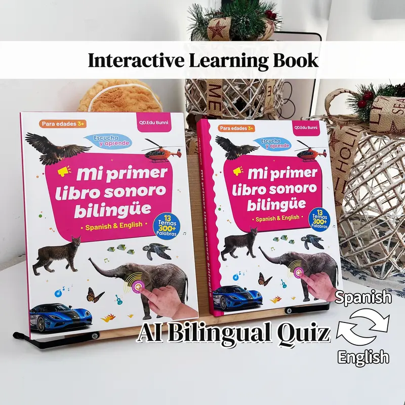 Rechargeable AI Interactive Educational Language Toy for Toddlers 1-6 - 13 Themes, Smart Quiz, Screen-Free Play, Animal Sounds, Bilingual Learning, Engaging Songs, Eco-Friendly Unisex, Learning Activity Book, Preschool Books, Spanish for Children