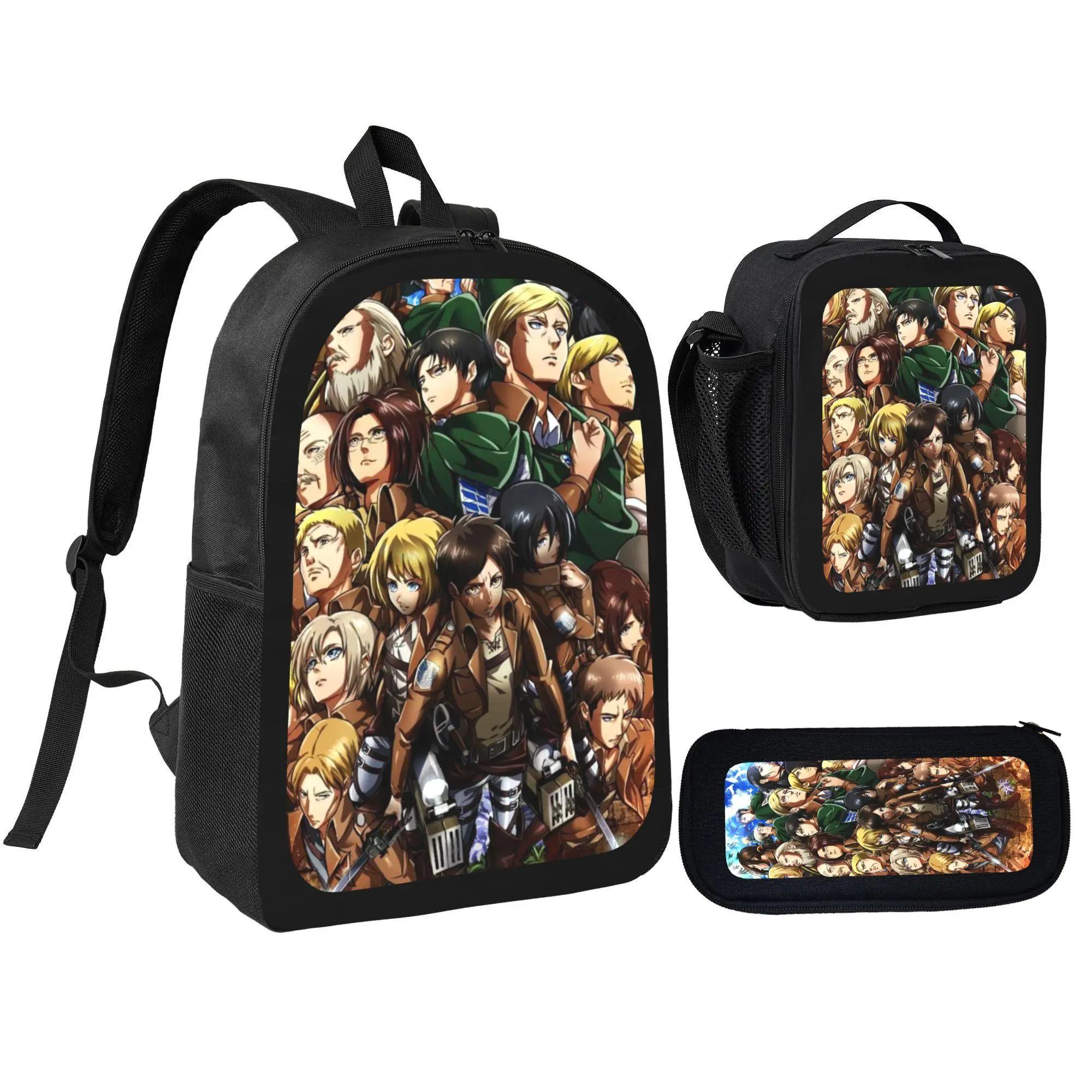 [3Pcs Backpack Set] Attack On Titan Anime Characters Print With Lunch Bag Pencil Pouch School Bag For Teens Students Fans