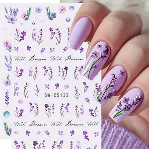 2 Sheets Lavender Nail Art Stickers, 3D Purple Floral Design, Spring DIY Nail Decals, Elegant Cute Style, Suitable for Women and Girls