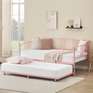 Twin Daybed with Trundle, Metal Twin Size Daybed with Pullout Trundle 6 Casters, Steel Slat Support Sofa Bed for Living Room, Bedroom, Guest Room (Pink)