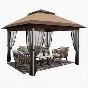 12x12 Gazebo, Instant Outdoor Canopy Tent with Mosquito Netting, Screen Tent with 4 Ropes, 8 Stakes, 4 Sandbags and Wheeled Storage Bag, Shelter Canopy for Patio Garden Backyard, Khaki